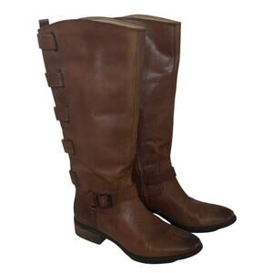 Sole Society Womens Leather Riding Boots Size 8.5M Brown Tall Buckle Strap Side